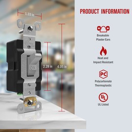 ENERLITES 20 Amp Toggle Light Switch, Single Pole, 20A 120/277V, Grounding Screw, Commercial Grade, UL Listed, 81201-GY, Gray