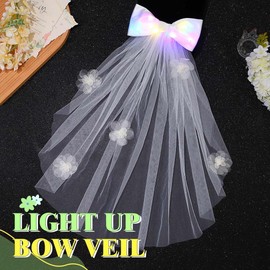 EARENT Light Up Tulle Bow Veil Bridal White Hair Clip Wedding Hair Accessories for Women (B-Colored)