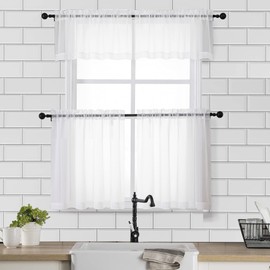 Chyhomenyc Sheer White Valances for Windows 2 Pack, Small Window Curtains for Living Room Bathroom Cafe Laundry Basement, Modern Top Dual Rod Pocket Voile Curtain, 42W x 14L inches, White