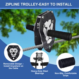 Zip Line Kit 120ft 150ft for Kids Adults Up to 380lb – Removable Lion Trolley, 6.5ft Spring Brake, Upgraded Ratchet System, Safety Harness, Tree Protectors, Seat – Backyard Zipline Set for Outdoor