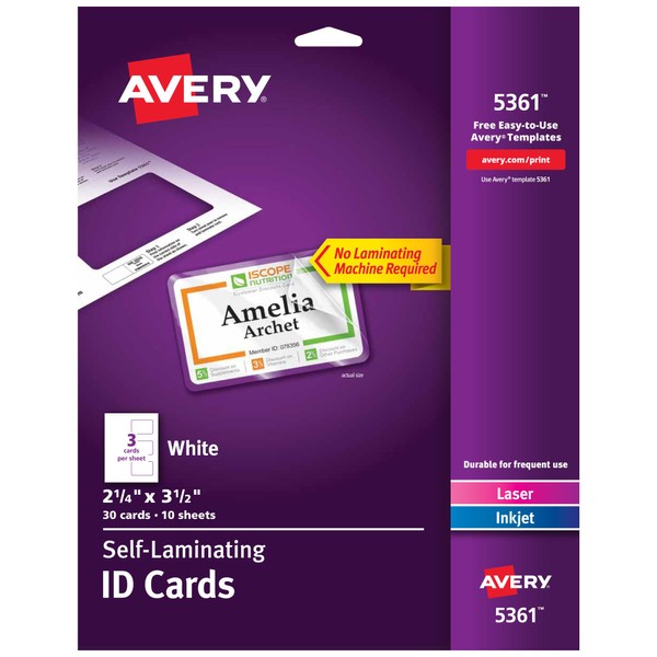 Avery Customizable Self-Laminating ID Cards, 2.25" x 3.5", White Printable