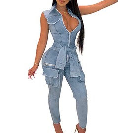 ECDAHICC Women’s Sexy Sleeveless Night Club Denim Jumpsuits Rompers Drawstring High Rise One Piece Stretchy Rompers(LB-S)