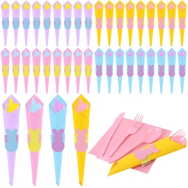 FULJOOY 24 Pack Easter Pre Rolled Cutlery Silverware Utensil Set Bundle Knives Forks Spoons Napkins Pastel Plastic Heavyweight Wrapped Tableware Supply for Spring Party Gathering Celebration Event