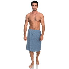 TowelSelections Mens Shower Wrap Adjustable Cotton Terry Spa Bath Gym Cover Up Small/Medium Blue