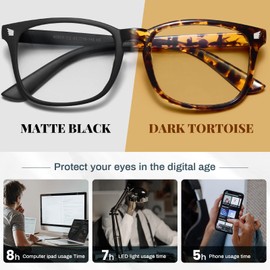livho 2 Pack Blue Light Blocking Glasses, Computer Reading/Gaming/TV/Phones Glasses for Women Men,Anti Eyestrain & UV Glare (Matte Black+Tortoise)
