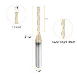 sourcing map Spiral Router Bit, 1/8" Cut Dia. Up Cut 2-Flute Solid Carbide End Mill with 1/4" Shank for CNC Wood Carving Engraving, 1" Cut Length, TiN Coated
