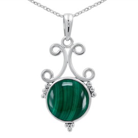 TISHAVI Natural Round Malachite Pendant Necklace for Women - May Birthstone Green Stone Vintage Style Sterling Silver Jewelry Necklace - Gifts for Her Mom Sister Wife