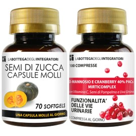 Semi di Zucca 70 Softgels e D Mannosio Cranberry 40% Mirticomplex 100 Compresse | Antiossidante Drenante Vie Urinarie | Una al Giorno