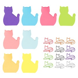 240 Sheets（8 Pads） Cat Sticky Notes, Creative Cat Shaped Stationery Set Sticky Notes with 12 Pcs Random Color Cute Cat Paper Clips for Cat Lovers Home Office School Women Kids Gifts