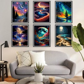 6 Pack Paint by Numbers Kit for Adults Beginner, Moon Beach Adult Paint by Number Kits on Canvas, DIY Acrylic Watercolor Oil Paint by Number for Adults for Home Decor Gift 16x12 Inch