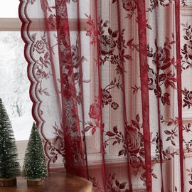 Burgundy Lace Curtains 45 Inch Length Vintage Floral Sheer Curtains for Kitchen Cafe Rod Pocket Light Filtering Wine Lace Window Curtains 2 Panels set for Closet Basement Modern Maroon Decor, 52x45