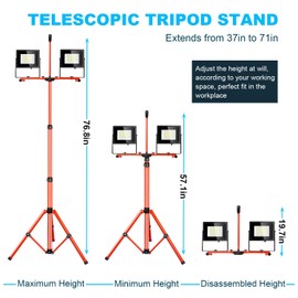 TOMOURD 200W LED Work Light with Stand, 20000 Lumen Super Bright Individual Switch Tripod Worklight, IP65 Waterproof Portable Standing Flood Lights with Adjustable Heights for Garage Workshop 2Pack