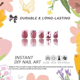 Cute Press on Nails Short Square French Tip Fake Nails Flower Pearls Bow Charms False Nails with Designs MABKJLF Pink & White Glossy Glue on Nails Stick on Nails Acrylic Nails for Women Girls 24Pcs