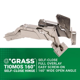 Grass Tiomos 160 Degree Opening Full Overlay Self Closing Hinge, Screw-on, Frameless Face Frame Cabinet Door Hinge with Screws, Nickel-Plated - F045138499217