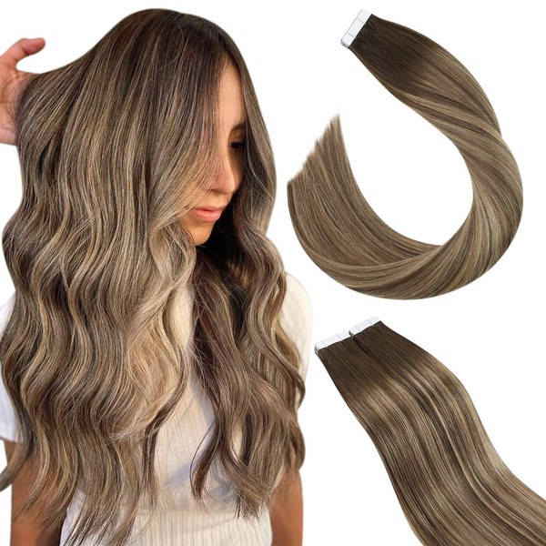 Ugeat Tape in Hair Extensions Ombre 18Inch Remy Tape in Hair Extensions 50G Human Hair Tape in Extensions 20Pieces Hair Extensions Dark Brown to Blonde Hair Extensions