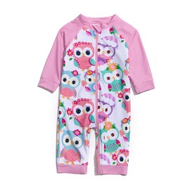 ADAVERANO Baby Girl Sunsuits Full-Length Zipper UPF 50+ Sun Protection One Piece Swimwear with Sun Cap (Pink Owl, 24-36Months)