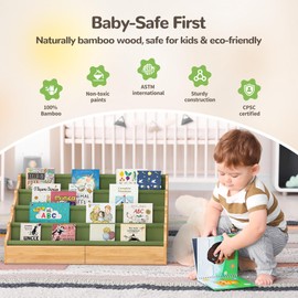 ELYKEN Book shelf for Kids Rooms, Nursery Book Shelves with Open Forward Display, Toddler Montessori Bookshelf for Baby Room, Small Children Classroom Books Rack Storage, Reading Corner for Kid, Green