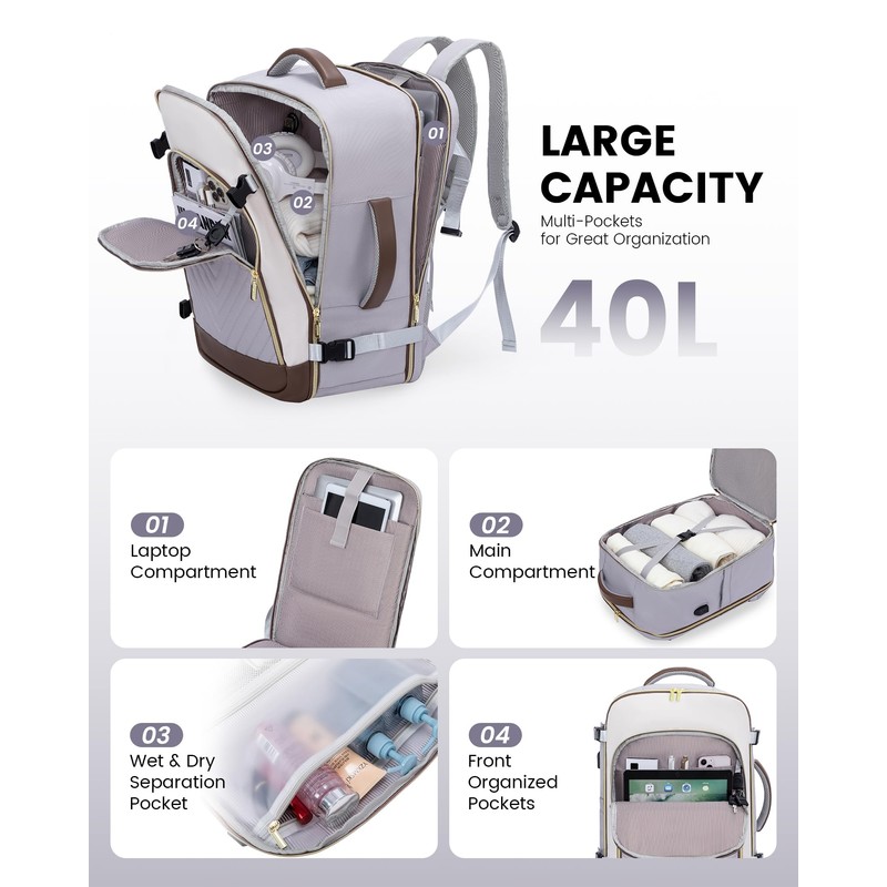 LOVEVOOK Women's Hand Luggage Backpack Large 40L, Light Grey White