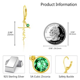 PRAYMOS Gold Cross Earrings for Women Sterling Silver Dangle Drop May Birthstone Faith Earrings Inspirational Religious Christian Confirmation Gifts