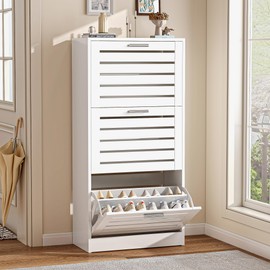 VECELO Shoe Storage Cabinet with 3 Flip Drawers, Slim Hidden Free Standing Organizer for Narrow Entryway, Adjustable Shelf, Modern Style, White (47.8" x 23.6" x 11.4")