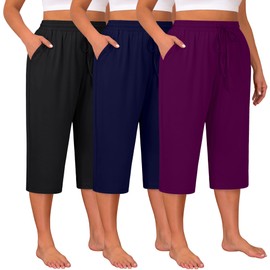 Huukeay 3 Pack Women's Plus Size Capris, Drawstring Cotton Yoga Capri Sweatpants Summer Casual Loose Cropped Pant with Pocket(Black, Navy Blue, Fuchsia,4X-Large)