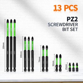 Litorange 13Pcs PZ2 Magnetic Impact Driver Bits, Heavy Duty Long Pozidriv Screwdriver Bit Set 150mm 100mm 75mm 50mm 25mm