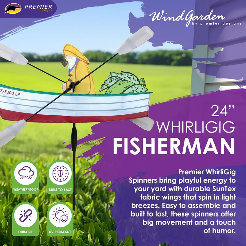 Whirligig Spinner Fisherman 24" – Outdoor Adventure-Themed Design, Weather-Resistant Outdoor