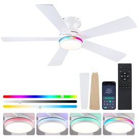 BYKISTOK 46" Flush Mount RGB Ceiling Fans with Lights - White Low Profile Ceiling Fan Light with Remote/APP, RGB+3CCT 6 Wind Speeds and Reversible, Modern Fan Light Fixture for Party, Kiad's Room