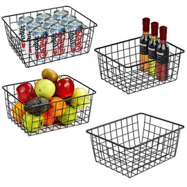 LOSYHU Wire Baskets for Organizing, 4 Pack Household Pantry Baskets Black Metal Storage Bins Wire Storage Baskets Metal Baskets for Countertop, Closet, Kitchen Cabinet, Freezer, Bathroom