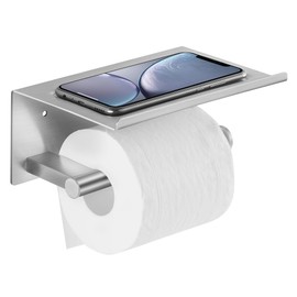 Toilet Paper Holder with Shelf, Wall Mounted Adhesive Holder for Bathroom, Tissue Roll Holder with Phone Storage Shelf, Brushed Stainless Steel Holder with Screws