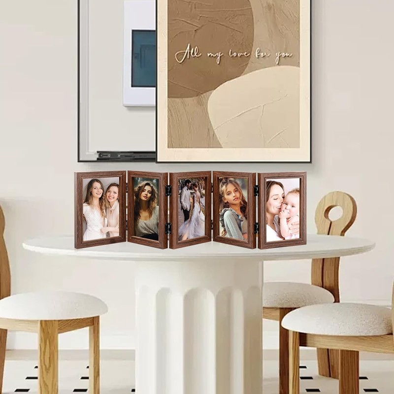5-folding Hinged Picture Frames, 4x6 Inch High Definition Natural Wood