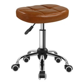 BFTOU 6-Square Lattice PU Swivel Stool with Wheel Perfect for Work SPA Shop Massage Height-Adjustable and Cost-Effective Rolling Stool Chair (Brown)