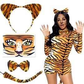 AEYAKA Animal Costume Tiger Ears Headband Tiger Tattoos Face Bow Tie, Collar and Tail Set, Tiger Role Play Costume for Children, Adults, Carnival, Cosplay, Costume Party