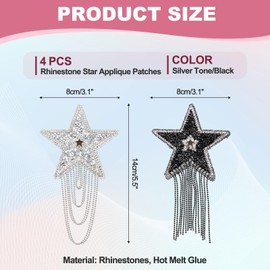 PATIKIL Star Rhinestone Patches Set, 4 Pcs Star Shape Iron on Applique Patches Rhinestone Applique Glitter Crystal Patches with Arc Tassel/Straight Tassel for Shoes, Silver Tone/Black