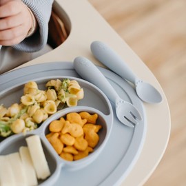 ezpz Mini Utensils - 12 Months+ (Fork & Spoon in Pewter) - 100% BPA Free Fork and Spoon - Toddler Utensils - Designed by a Pediatric Feeding Specialist