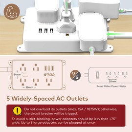 Power Strip with USB, TROND Surge Protector Flat Plug with 5 Widely-Spaced Outlets,1300J,ETL Listed, Wall Mountable 5ft Extension Cord, for Computer Garage Laundry Room Kitchen Behind TV, White