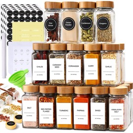 Set of 24 Glass Spice Jars with Various Labels, Bamboo Shaker Lids & Funnel, Kitchen Storage Jars with Airtight Lid, Spices & Seasonings Sets Organizer, Spice Containers, Glass Jar Food Canister