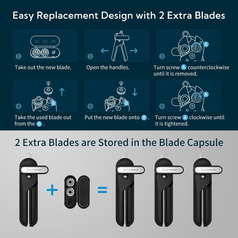 KITCHENDAO Replaceable Can Opener with 2 Extra Blades, Super Sharp