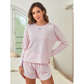 ANRABESS Womens Long Sleeve Pajama Sets 2025 Fall 2 Piece Outfits Lounge Matching Short Set Striped Pjs Loungewear Sleepwear Pink White Large
