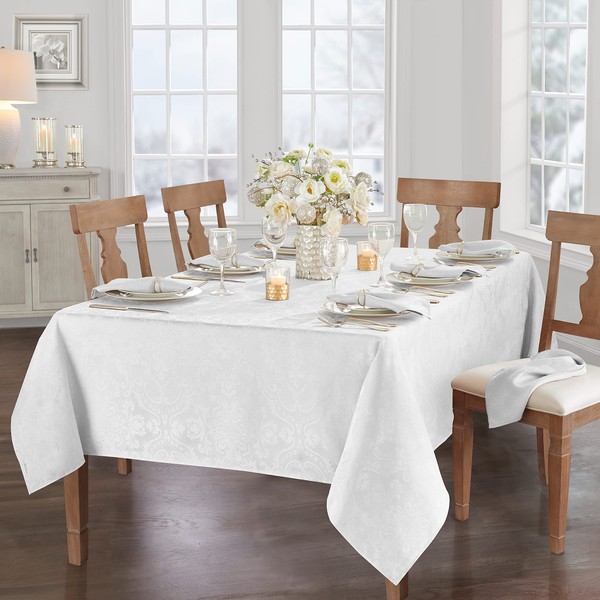 Elrene Home Fashions Caiden Elegance Damask Fabric Tablecloth, 60" x 144" Oblong/Rectangle, White