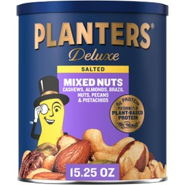 PLANTERS Deluxe Mixed Nuts - Roasted Cashews, Almonds, Brazil Nuts, Pistachios, and Pecans, Plant-Based Protein, Quick Snack, 15.25oz Canister