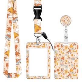 ID Badge Holder with Retractable Badge Reel Clip and Lanyard, Cute Card Name Tag Lanyard Vertical ID Protector Bage Clips for Nurse Doctor Teacher Student - Mushroom and Flower