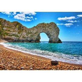 CORFOTO 8x6ft Fabric Beach Island Bend Backdrop Rocky Landscape Seaside Photography Background Natural Blue Sea Water Photo Backdrop for Kids Beach Theme Birthday Party Decor Banner Photoshoot Props