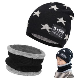 Tuofang Children's Winter Warm Beanie Hat and Loop Tube Scarf Set with Fleece Lined, Winter Hat and Loop Scarf, for 5-15 Years Old Boys Girls Winter Hat Neck Warmer Knitted Set, black