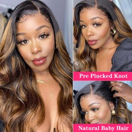 Aaliweya 360 Highlight Ombre Lace Front Wigs Human Hair P4/27 Color Pre Plucked Body Wave 360 HD Full Lace Frontal Wigs for Women Dark Roots 180% Density Balayage Wig 30 inch