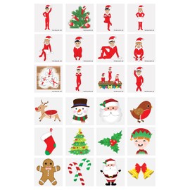 Henbrandt 48 x Mini Christmas + Elfin Around Temporary Transfer Tattoos for Children Kids Festive Xmas Stocking Advent Calendar Fillers for Boys and Girls