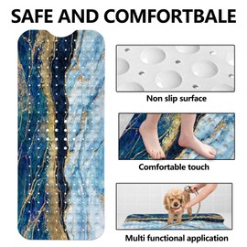 LNOND Marble Bath Tub Mat Non Slip, Extra Long 40 X 16 Inch Anti Slip Mat for Bathtub, Blue and Gold Marble Shower Mat with Drain Holes and Suction Cups, Machine Washable