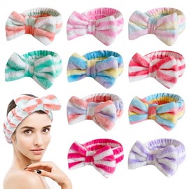 Cute Coral Fleece Sports Headband with Colorful Striped Bow Design Free Size/Pink Green White Stripe 15ea