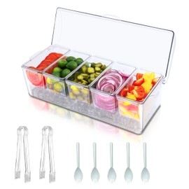 FHJP Ice Chilled Condiment Caddy with 5 Containers, Condiment Server with Lid, Chilled Caddy Dispenser, Serving Tray Platter with Removable Dishes for Bar Accessories, Fruit, Salad,Taco, Party Garnish