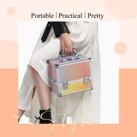 Joligrace Makeup Box Cosmetic Train Case for Women Travel Jewelry Organizer with Compartments & Mirror Portable Lockable Make-up Trunk Shiny Style